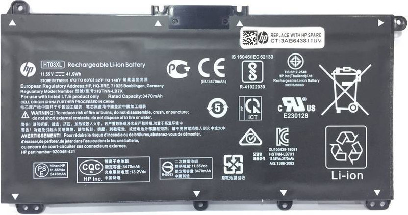 HP HT03XL Original 3-Cell Li-ion Laptop BatteryPavilion 14	14-ce0030ur, 14-ce3018tx, 14-ce3670nd, 14-cf0019no, 14-ck0043tu Pavilion 15	15-da1030tu, 15-da0015nx, 15-db0018no, 15-dw0033nr, 15-cs0064tx Pavilion x360	14-dh1046tx, 15-dq1004na 17 Series	17-by0700ng, 17-ca0003na Compaq	240 G7, 250 G7, 255