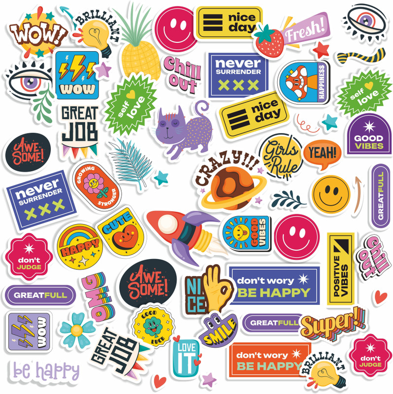 PRINTHUA Vinyl Stickers for Laptop, Tablet, Smartphone, Bike, Scrapbook etc pack of 61pcs Vinyl Reusable Laptop Skin Compatible for 15.5 inch(Theme: Illustrations)