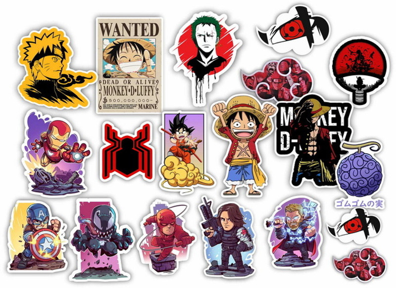 TRI SRI Anime Sticker Pack – Avengers, Luffy, Naruto, Goku Glossy laminated PVC Sticker Laptop Skin Compatible for 15.5 inch(Theme: Comics & Cartoons, Vintage, Movies)