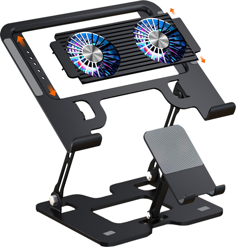 Dyazo Plus 2-in-1 Laptop & Mobile Stand with Dual Cooling Fan Ventilated Silent Design DZ9696 Carbon Steel Desk Stand Laptop Stand with Adjustable Height Compatible with Universal Laptops(Black)