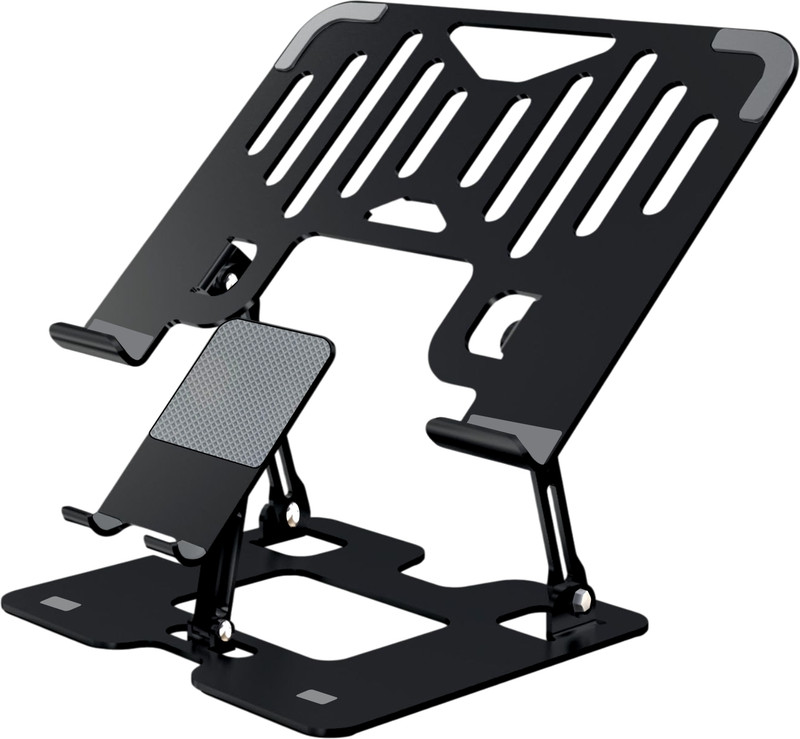 Dyazo Plus 2 in 1 Adjustable Laptop Stand with Mobile Holder | Foldable & Ventilated Riser Carbon Steel Desk Stand Laptop Stand with Adjustable Height Compatible with Universal Laptops(Grey)