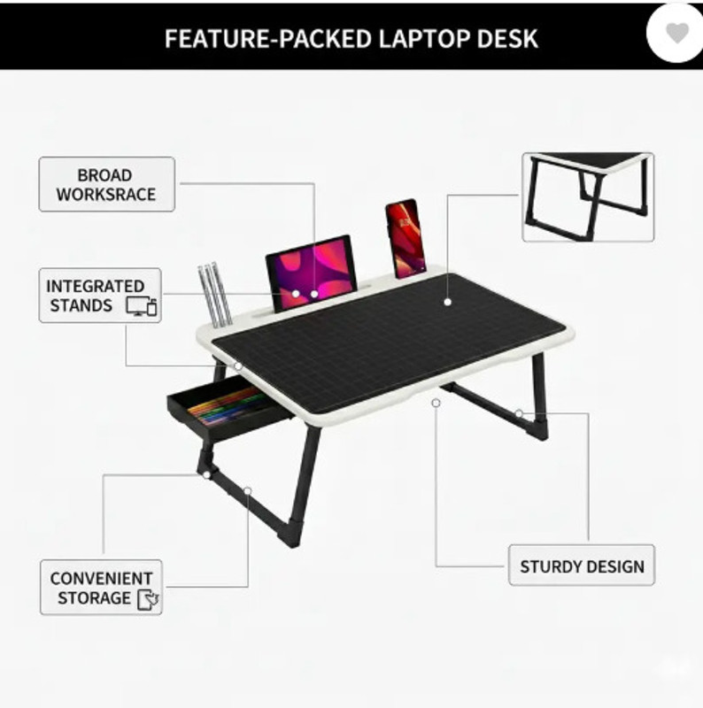 SKEDIZ US COTTED WHITE BIDDING BLACK LINE Multipurpose Foldable with Cup Holder, Study , Bed Wood Portable Laptop Table Wooden Desk Stand Laptop Stand with Adjustable Height Compatible with Universal Laptops(Black)