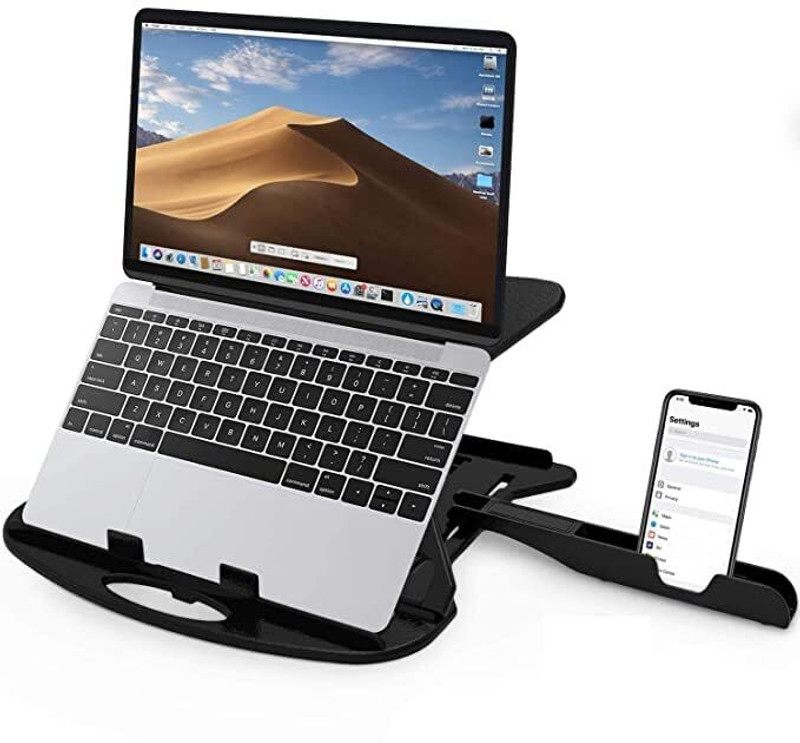 AILEXIM Adjustable Laptop/Tablet/Notebook Stand with Mobile Holder | Air Ventilated Plastic Floor and Desk Stand Rotatable Laptop Stand with Adjustable Height Compatible with Universal Laptops(Black)