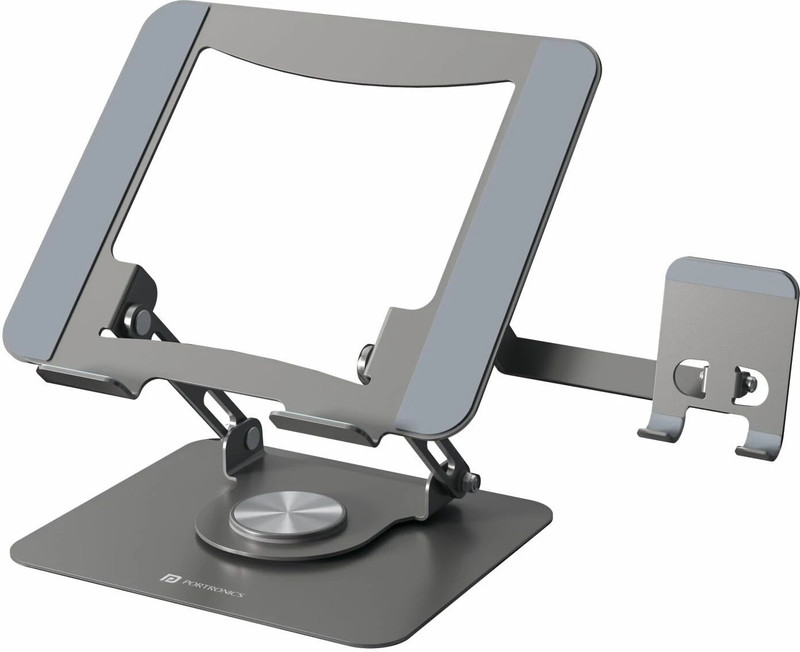 Portronics My Buddy K9 Pro 2-in-1 Metal Laptop Stand with Phone Holder & 360° Rotating Base POR-3106 Iron Desk Stand Rotatable Laptop Stand with Adjustable Height Compatible with 26 - 35 cm, 36 - 39cm Laptops(Black)