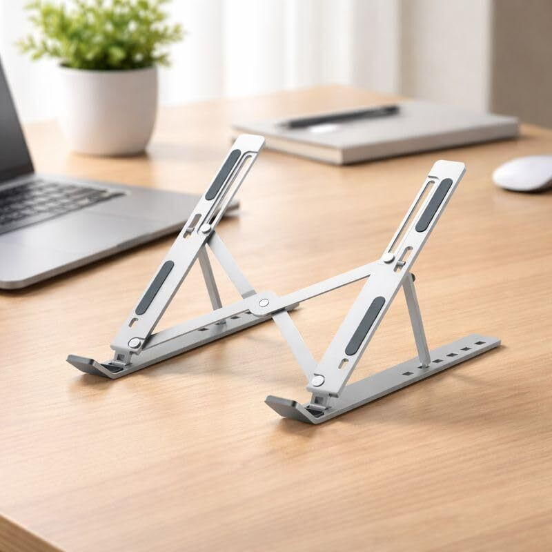 iQUAD Aluminium Laptop Riser Adjustable Height, Ventilated, Anti-Slip, 10–15.6 inch CoolRise Aluminium Laptop Stand Hollow Frame Heat Dissipation Steel Desk Stand Rotatable Laptop Stand with Adjustable Height Compatible with Universal Laptops(Silver)