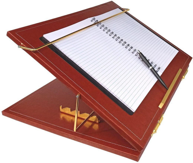VeleSolv Leather Foldable, Height Adjustable Writing/Sketching/Drawing Table/Table Top Leather table top brown Wooden Desk Stand Rotatable Laptop Stand with Adjustable Height Compatible with Universal Laptops(Brown)