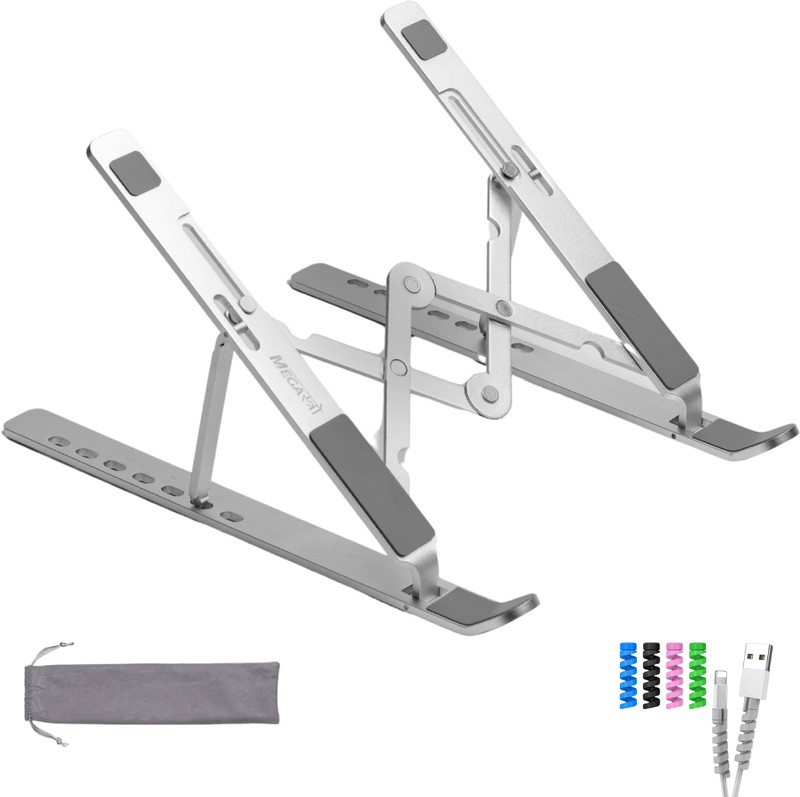 MegaStro Pro Edition Laptop Stand for Desk with 7 Adjustable Angles comes with a Mobile Stand, A Set Wire Protector and 2 Pouches Aluminium Desk Stand Laptop Stand with Adjustable Height Compatible with Universal Laptops(Silver)