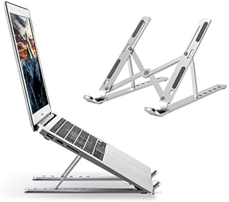uMore ALUMINIUM LAPTOP STAND Laptop Stand Adjustable Computer Stand Aluminum Riser Holder Compatible with MacBook Air Pro, HP, Dell, More 10-15.6” Laptops Collapsible and Non-Slip Metal Aluminium Floor and Desk Stand Laptop Stand with Adjustable Height Compatible with Universal Laptops(Silver)