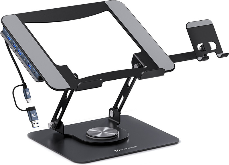 Portronics My Buddy K9 Pro Max Laptop Stand with USB Hub, Phone Holder & 360° Rotation POR-3335 Carbon Steel Desk Stand Rotatable Laptop Stand with Adjustable Height Compatible with Universal Laptops(Black)