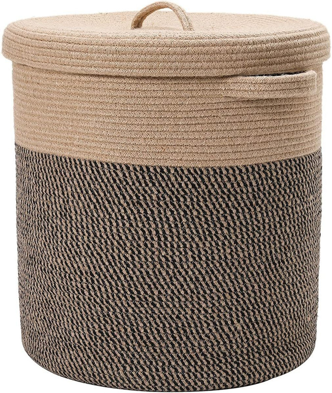 ApnaCartStore Cotton, Jute Beige Black (12x14 inches) Storage Basket(Pack of 1)