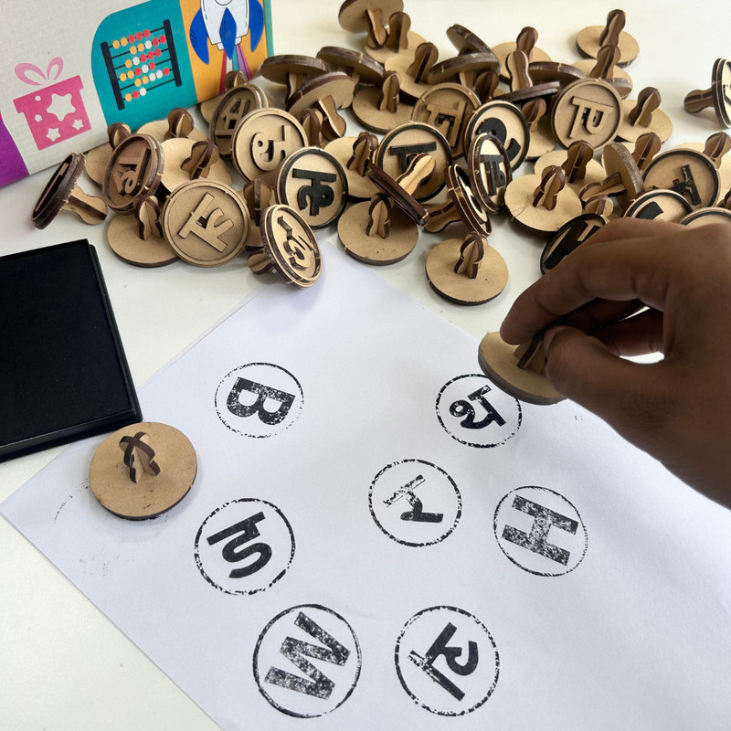 Ansoz Wooden English and Hindi Combo Alphabet Stamp Set – Letters Learning Kit for Kid(Brown)