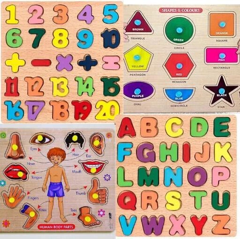 RPC99 Combo WoodenLearning EducationalBoard Alphabets,0To9Number Counting,BodyPart(Multicolor)