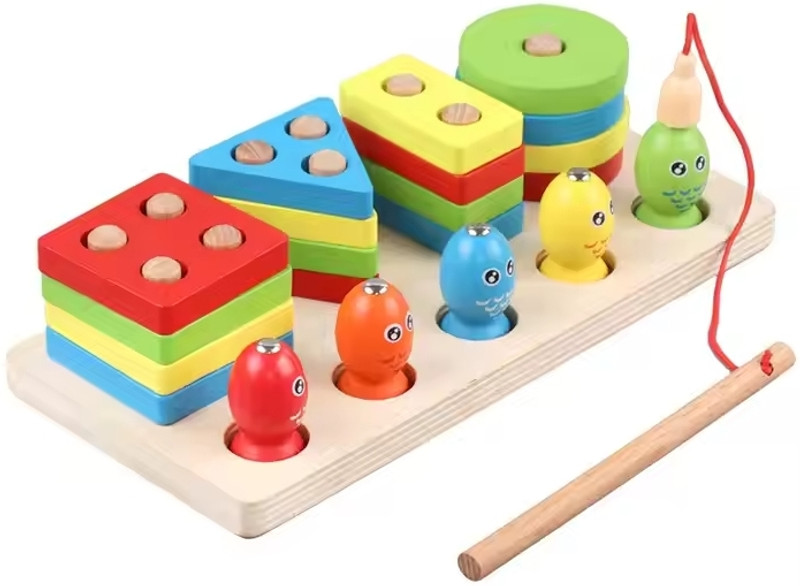 MARA BOMMAI 2 in 1 Wooden Stacking Toys, Shape Sorting Board & Wooden Toddler Fishing Toys,(Multicolor)