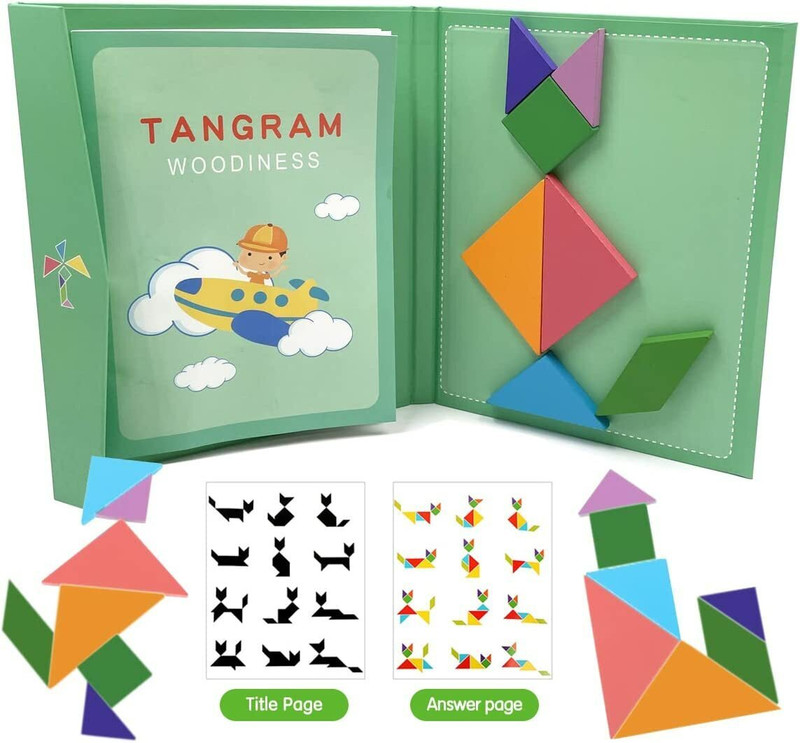 Craveon Magnetic Wooden Tangram Jigsaw Puzzle Book, Educational Tangram for Kids(Green)