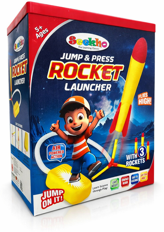 funtoosh Jump & Press Rocket Launcher Air Powered Toy with 3 Foam Rockets for 5+ age Kids(Yellow)