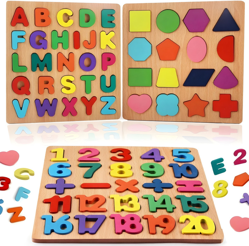 Playvance 3-in-1 Wooden Montessori Puzzle Set: ABC, Numbers & Shapes Learning Toy for Kids(Multicolor)