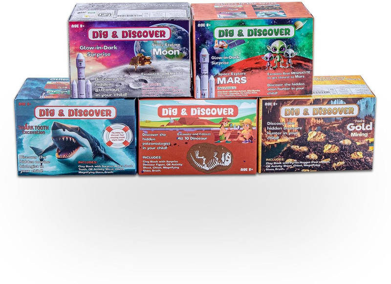 Kimon Toys Dig & Discover - Excavation Box - Combo 5 - Dino Moon Mars Shark Gold(Multicolor)