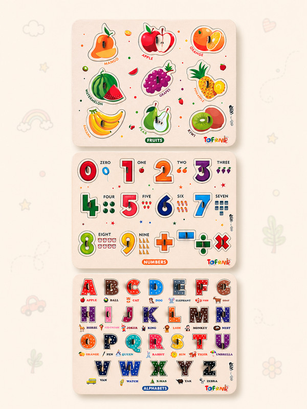 TOFANI Wooden Puzzle Pack of 3 | Numbers | Fruits | Alphabets | Learning Toy(Multicolor)