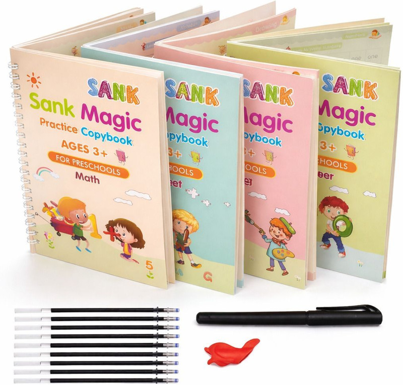 SANK Magic Book Calligraphy Copybook Set – 4 Books with Pen & 10 Refills(Multicolor)