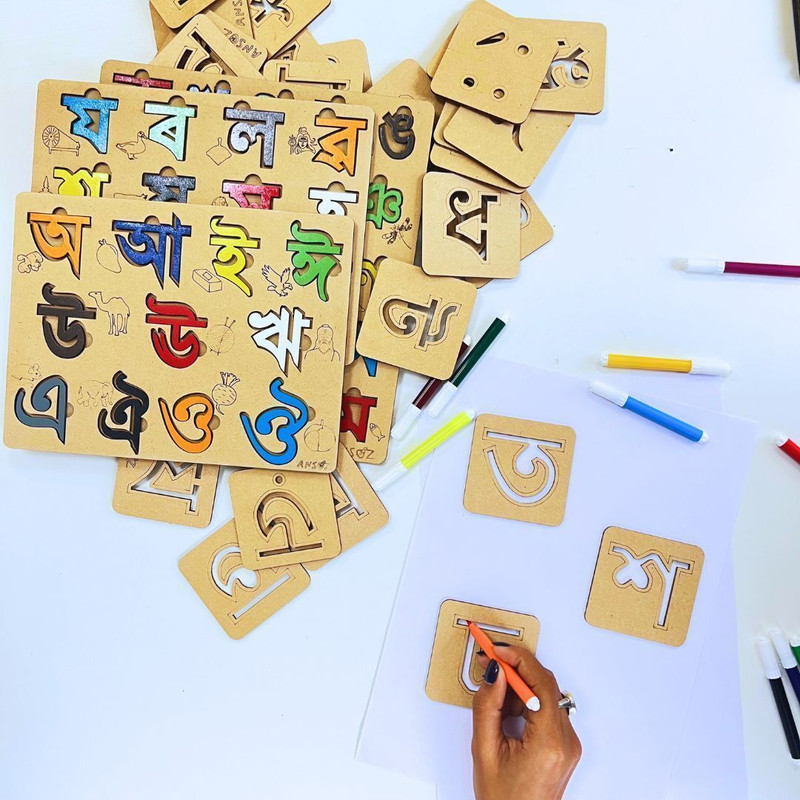 Ansoz Wooden Assamese Alphabet & Stencil Combo - Learning Kit For Kids(Multicolor)