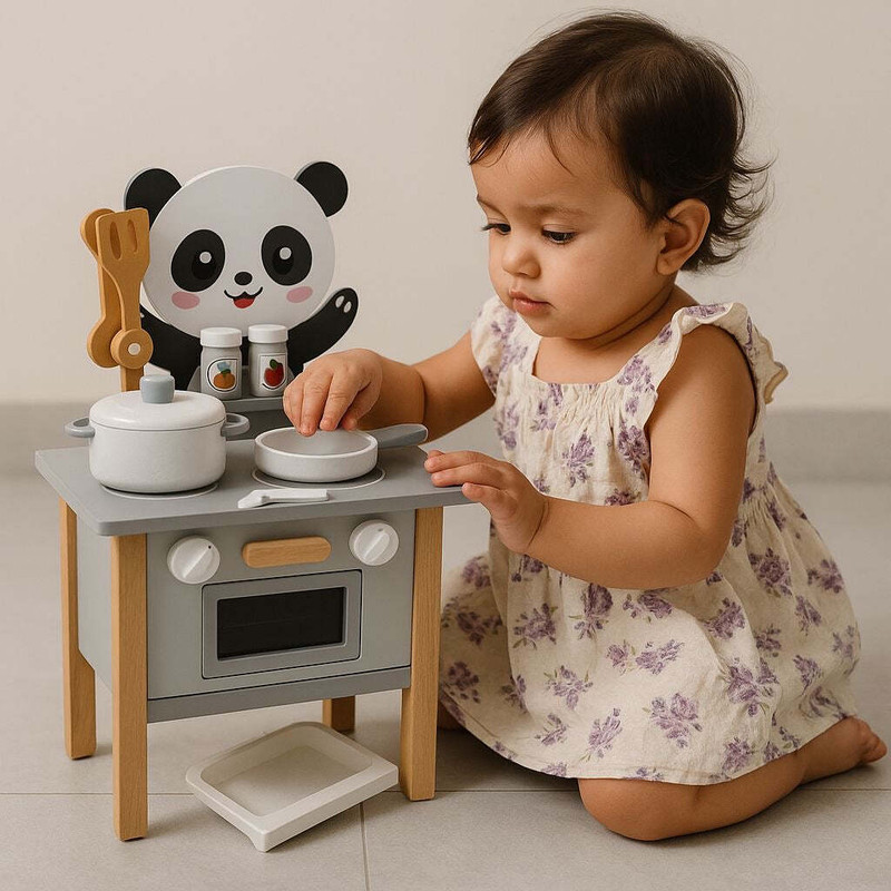 dimorraclub Play House Simulation Wooden Kitchenware -Adorable Panda Stove for Little Chefs(Multicolor)