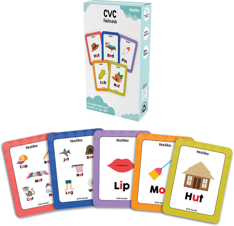 Festiko 1 Set of 30 Pcs (CVC) Consonant Vowel Consonant Flashcards for Kids(Multicolor)