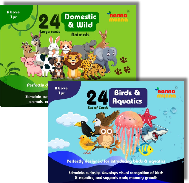 NannaMunna 2in1 Combo, 24 Animals+24 Birds Aquatic Flash Cards with Fun Fact for kids +1yr(Red, Green)