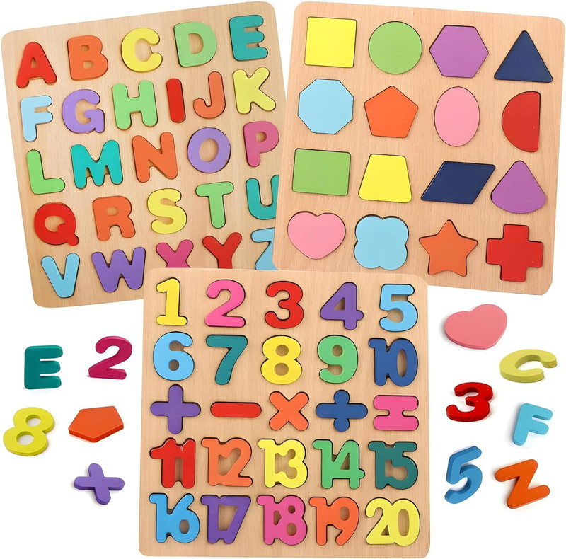 gugan toys Wooden Puzzles, Alphabet, Numbers & Shapes, 3 Sets, Blocks for Kids (pack of 3)(Multicolor)