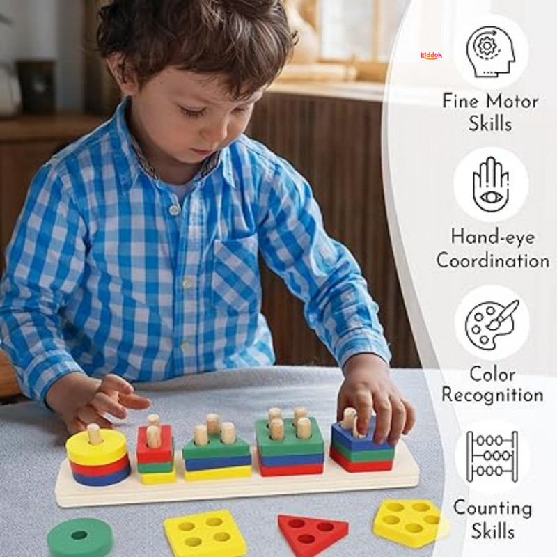 KIDDOH SmartPlay Wooden Shape Matching and Stacking Toy for Cognitive Skill Development(Multicolor)
