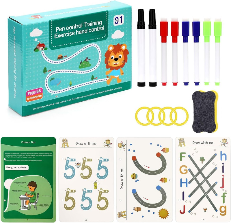 ZORIADA 64 Pages Magical Tracing Workbook Set Hand Writing Pen Control Training Book(Multicolor)