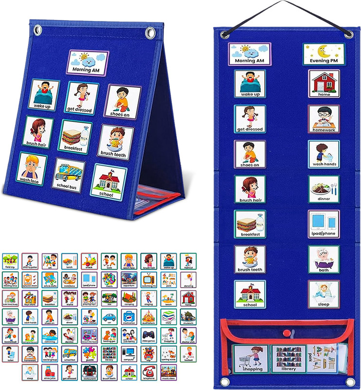 Verilux Montessori Daily Visual Schedule and Chore Chart for Kids with 96 Flash Cards(Blue)