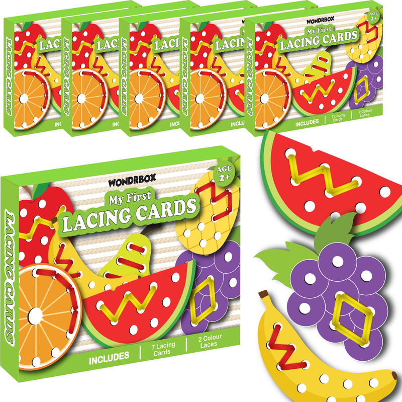 WONDRBOX Birthday Return Gifts for Kids- Fruit Lacing Cards | Pack of 5 Sets(Multicolor)