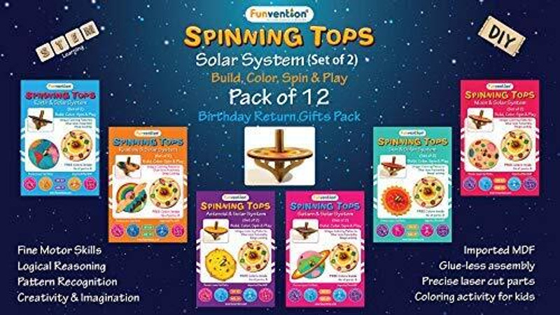 FUNVENTION DIY Spinning top Kits (Solar System) for Little Scientist Pack of 12 for Kids(Multicolor)