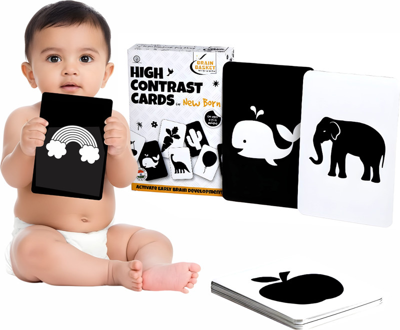 BRAIN BASKET High Contrast Baby Flash Cards, Black & White Cards for Newborns (0-12 Months)(Black, White)
