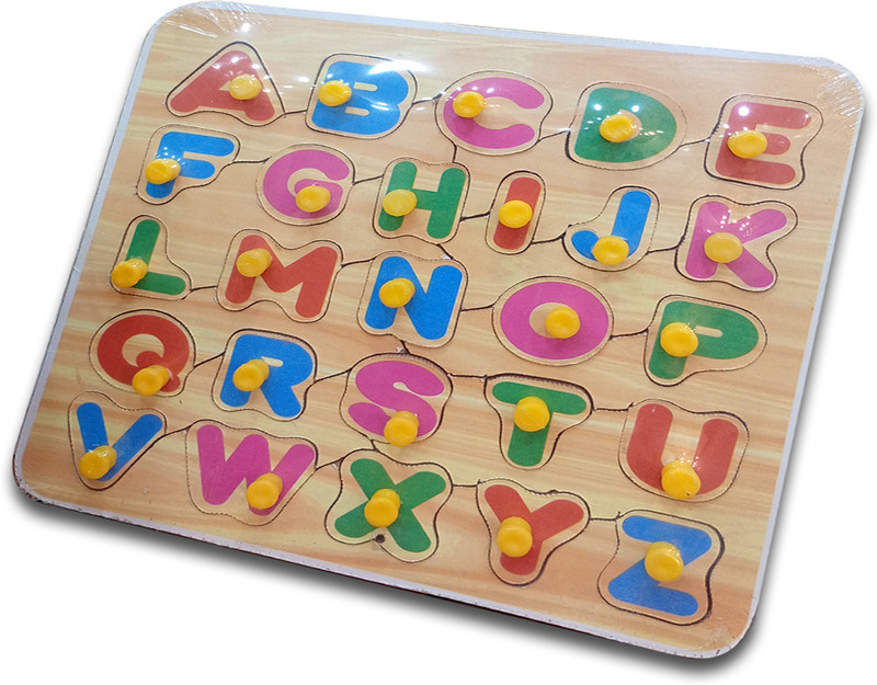 Poktum EduPlay Wooden Alphabet Peg Puzzle with Easy-Grip Knobs(Brown)