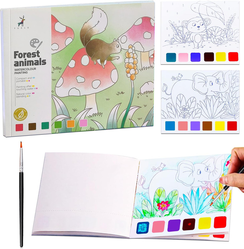 KIDOLOGY Watercolor Painting Book for Kids, 20 Sheets, Brush, Fairy Tale Art Activity(Multicolor)