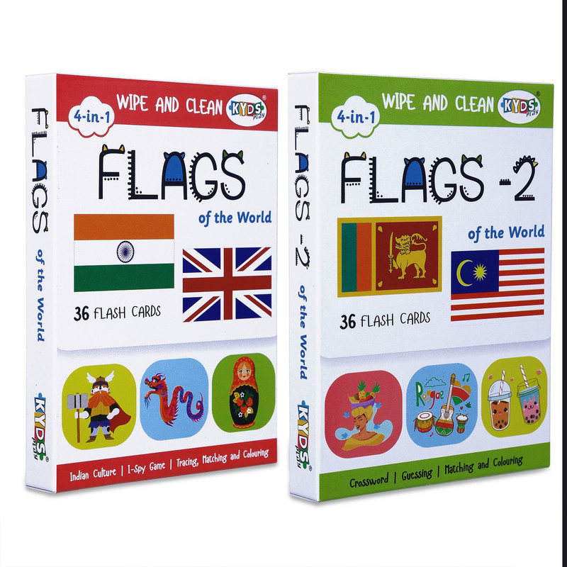 Kyds Play Flags Combo - Flags + Flags 2, Wipe & Clean Activity Flash Cards(White)