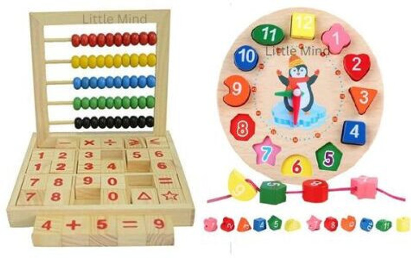 Little Mind Wooden Laptop Abacus Learing Kit With Wooden Learning Clock For Kids(Multicolor)
