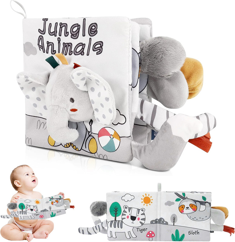 Qpets Elephant Baby Books 0-6 Months Soft Sensory Toys Early Education for Toddlers(Grey)