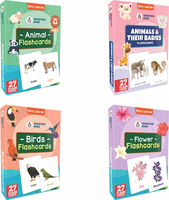 spartan kids Animal,Animals&Their Babies,Flower and Bird Flash Cards For Kids(set of 4)(Multicolor)