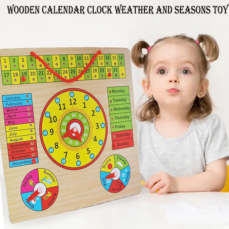 SHALAFI Wooden Learning Educational Board Calendar Clock Weather Seasons Wall Mountable(Beige, Multicolor)