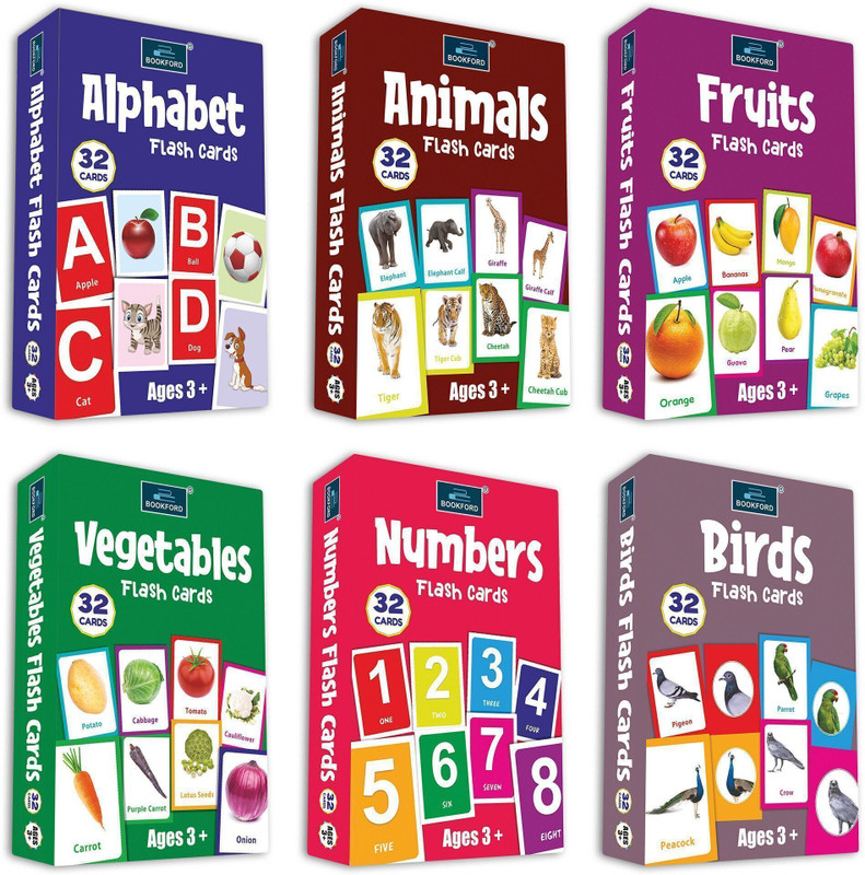 BOOKFORD Alphabet, Numbers, Fruits, Vegetables, Animals, and Birds Flash Cards - Set of 6(Multicolor)