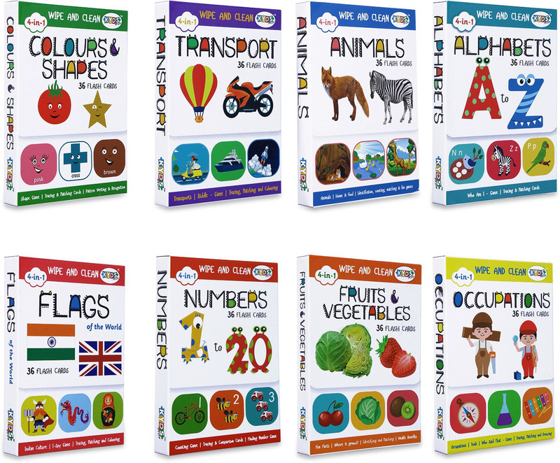 Kyds Play Early Learning Combo of 8 - Series 1 - Wipe & Clean Activity Flash Cards(White)