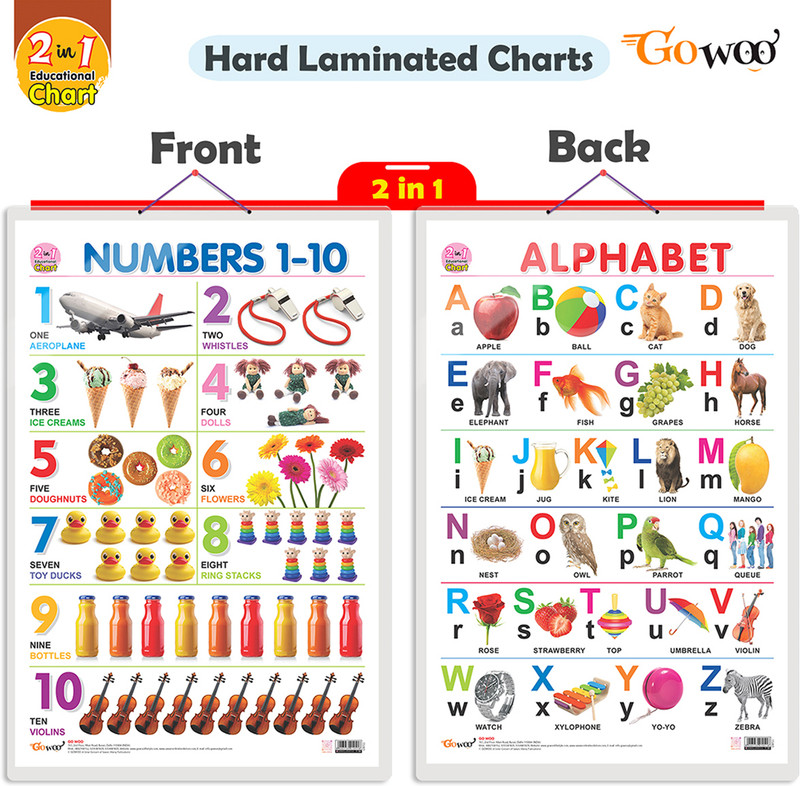 GO WOO 2 IN 1 ALPHABET AND NUMBER 1-10 Educational chart with Lamination(Brown)