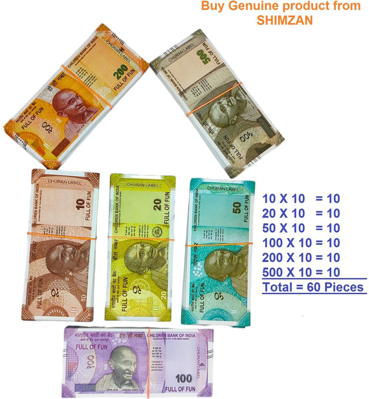 SHIMZAN Indian Dummy Churan Notes for Kids Fun Playing Total 10 X 6 - 60 Pieces(Multicolor)