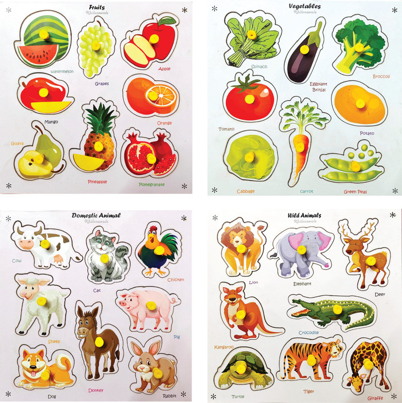 Khilonewale Fruits, Vegetables, Domestic & Wild Animals Wooden Learning Puzzle Boards(Multicolor)