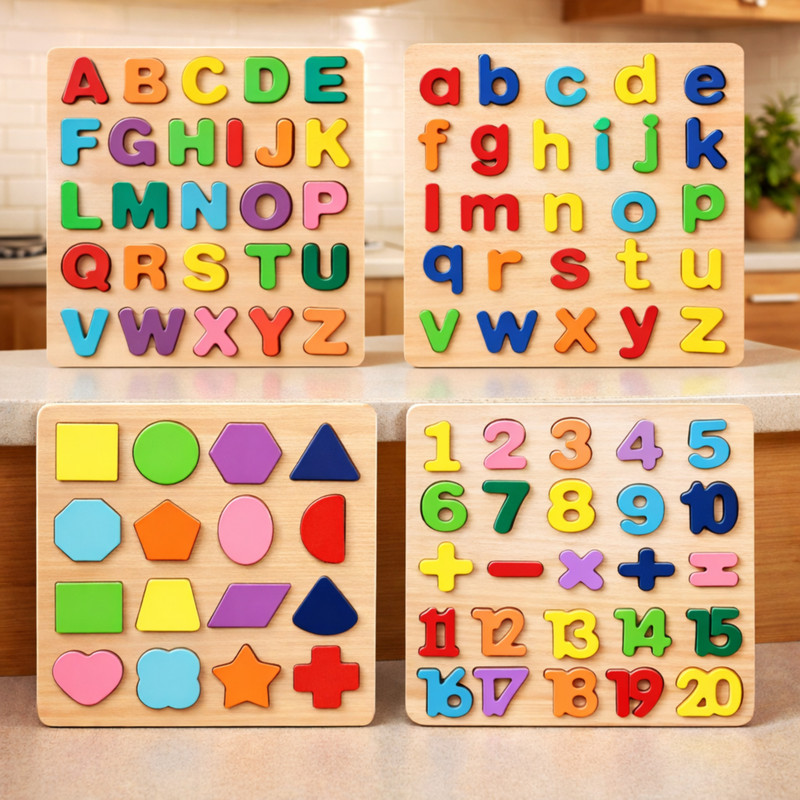 AJDK MART 4 puzzle boards with capital & small alphabets, numbers and shapes for kids(Brown)