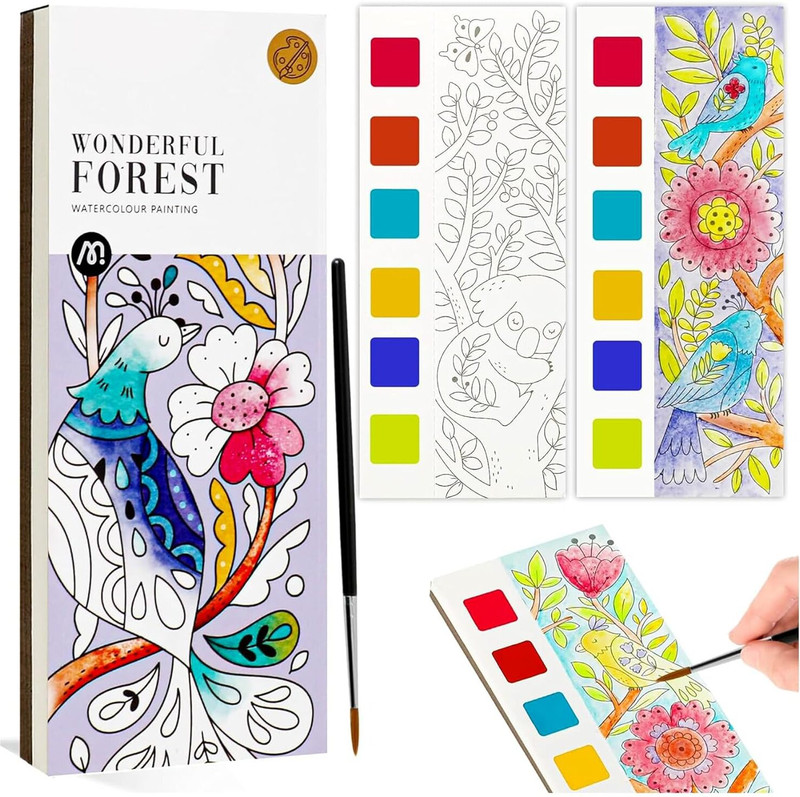 KIDOLOGY Pocket Watercolor Painting Book With 20 Bookmarks Sheets & 1 Brush - Forest(Purple)
