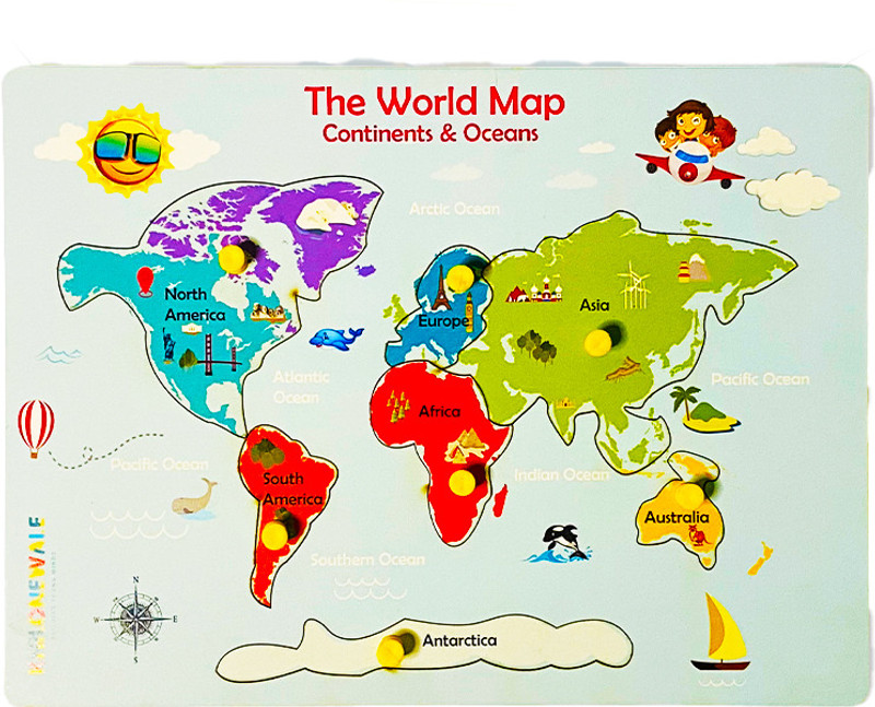 Khilonewale Wooden Continent World MAP Wooden Puzzles Educational Toys for Kids(Multicolor)