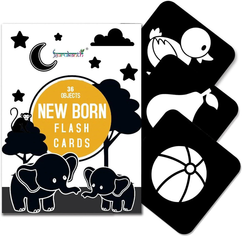 gurukanth Flash Cards for New Born Children Infant| High Contrast Flash cards -36 Objects(Black)